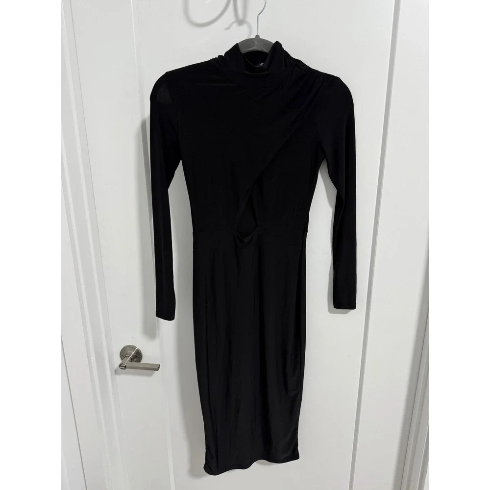 Miss Blush Black Bodycon Midi Dress Long Sleeve Mock Neck Cut‎ Out Party